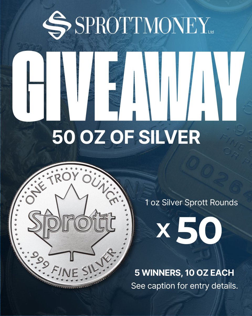 🎉 50,000 followers. 50 oz of silver. 🎉
 
To celebrate this milestone with our community, we’re giving back with 50 oz of physical silver, our exclusive Sprott Rounds.
 
🎁 5 winners will each receive 10 × 1 oz silver rounds
 
👉 Enter here: gleam.io/ykAeg/sprott-m…
Make sure to