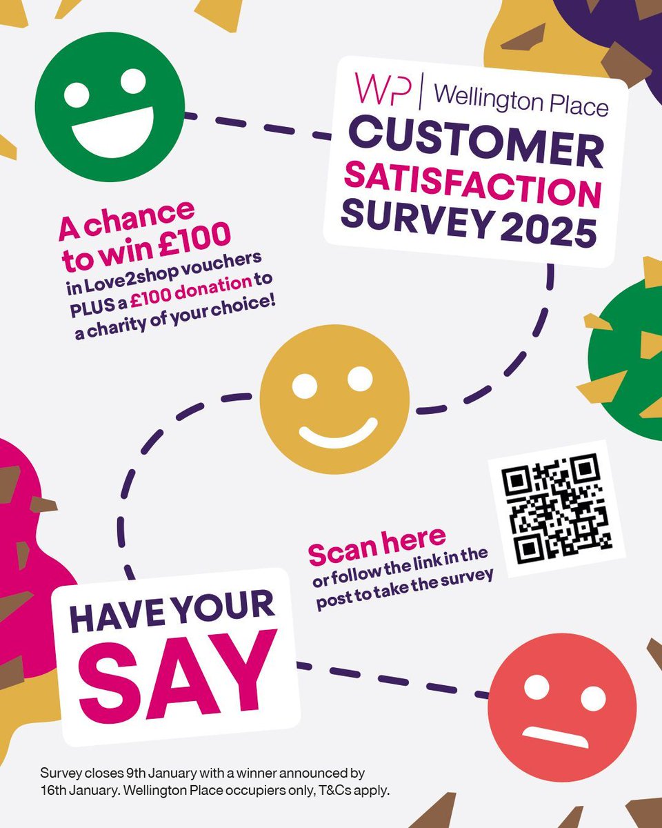 wp_leeds's tweet image. You’ve got until Friday, 9 January to complete our Customer Satisfaction Survey. And to say thanks, you'll be entered into a prize draw to win a £100 Love2Shop voucher 👉 shorturl.at/k9G6J

📸 k_f_rodriguez 

#Survey #Feedback #WellingtonPlace