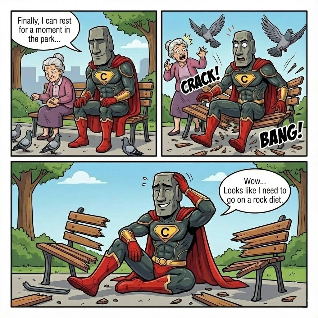 phedranico's tweet image. Has super strength but weighs like a rock? 🏋️‍♂️ Maybe he needs to go on a “pebble diet” before hanging out again. That park bench didn’t deserve this! 😂 @ConcreteXYZ 
#meme #Comedy #concreate