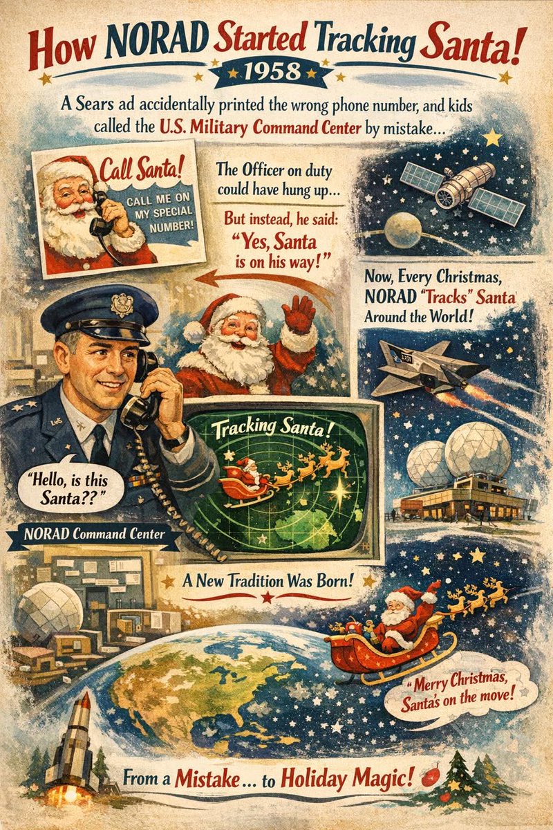 lippyent's tweet image. Did you know?
In 1958, NORAD accidentally created the tradition of tracking Santa Claus.
A Sears department store printed a Christmas ad telling kids to call Santa—but the phone number had a typo and rang directly to the U.S. military’s top command center. Instead of hanging up,…