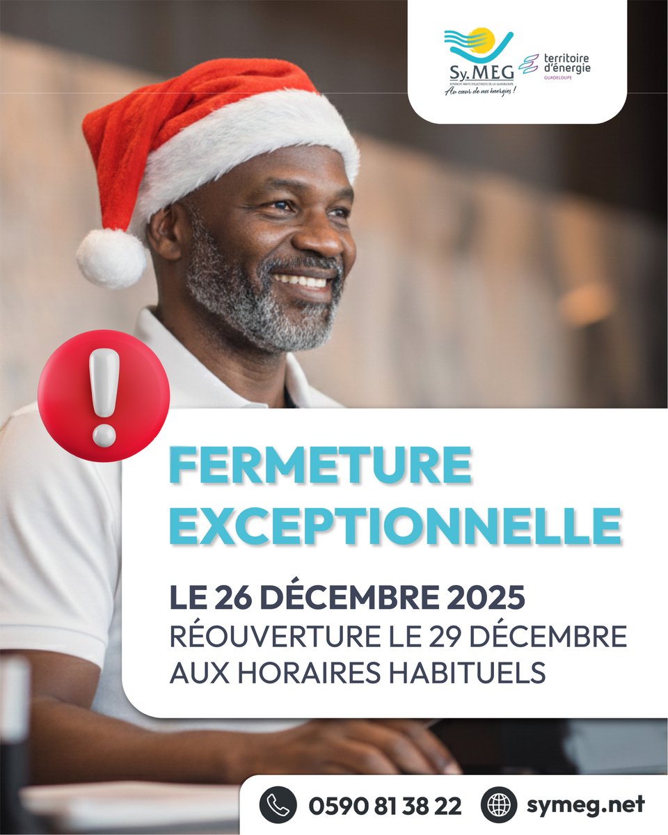 #FermetureExceptionnelle | 🎊 Le Sy.MEG sere fermé le 26 décembre 2025.

Nous rouvrirons nos portes le lundi 29 décembre aux horaires habituels.