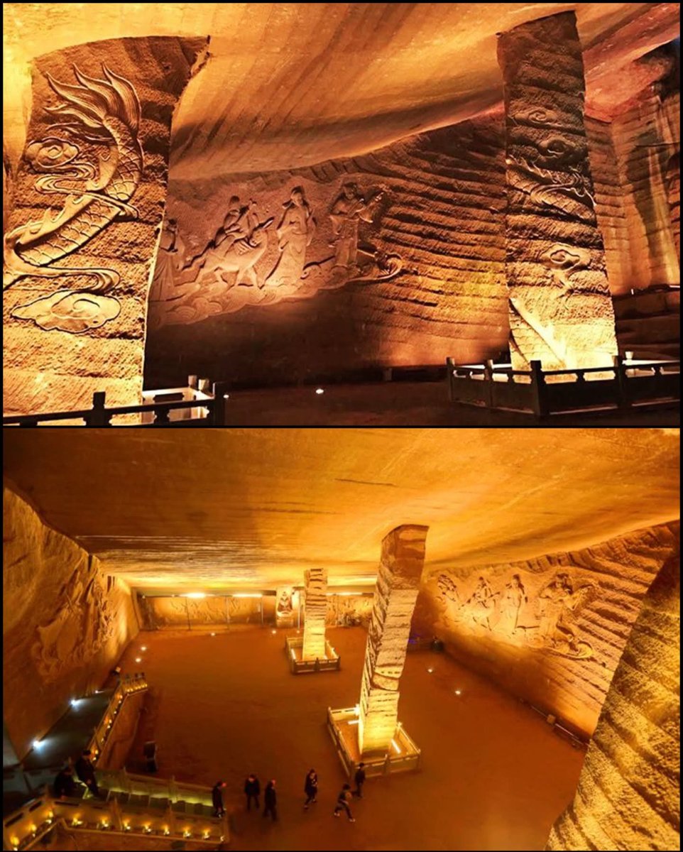 histories_arch's tweet photo. More than 2,000 years ago, someone carved the Longyou Caves into solid siltstone in Zhejiang, China 🇨🇳. There are 24 massive underground chambers, some over 30 meters deep, all cut with the same precise, parallel chisel marks. No inscriptions, no written records, and no tools ever found inside the caves explaining who built them or why.

What makes it stranger is the scale. Estimates suggest hundreds of thousands to possibly over a million cubic meters of stone were removed to create the caves. And here’s the part no one can answer with certainty: we have no idea where all that rock went. No spoil piles. No quarries tied to it. No clear reuse trail.

#archaeohistories