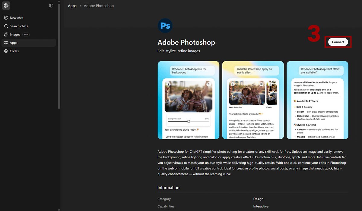 Digiato's tweet image. ❓ چگونه فتوشاپ را به ChatGPT اضافه کنیم؟

برای اضافه کردن فتوشاپ به ChatGPT مراحل زیر را انجام دهید:

۱. در ChatGPT روی گزینه Apps کلیک کنید.
۲. فتوشاپ را جستجو کرده و گزینه Connect را بزنید.
۳. حالا با زدن + در نوار چت و سپس More، می‌توانید فتوشاپ را انتخاب کنید.