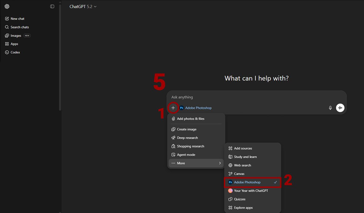Digiato's tweet image. ❓ چگونه فتوشاپ را به ChatGPT اضافه کنیم؟

برای اضافه کردن فتوشاپ به ChatGPT مراحل زیر را انجام دهید:

۱. در ChatGPT روی گزینه Apps کلیک کنید.
۲. فتوشاپ را جستجو کرده و گزینه Connect را بزنید.
۳. حالا با زدن + در نوار چت و سپس More، می‌توانید فتوشاپ را انتخاب کنید.