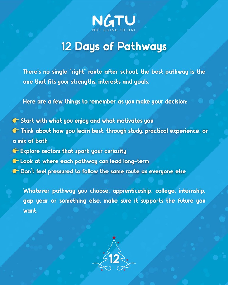 notgoingtouni's tweet image. There is no single “right” route after school. The best pathway is the one that fits a student’s strengths, interests and long-term goals. Today’s final post brings the series together and encourages young people to choose the route that works for them.

#CareerPathways