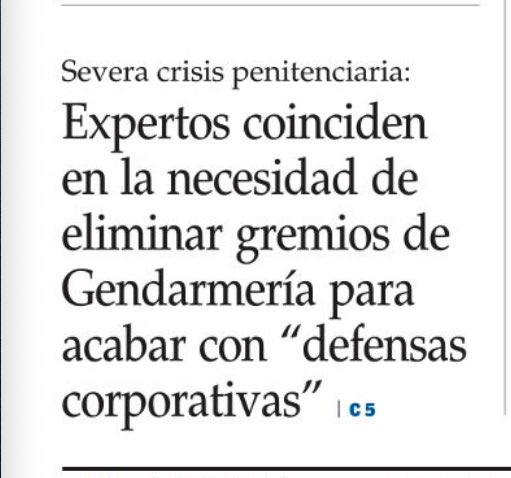 No solamente desindicalizar <a href="/Gendarmeria_CL/">Gendarmería de Chile</a>, sino más bien militarizarla (son instituciones que portan armas de grueso calibre) y traspasarla a <a href="/Carabdechile/">Carabineros de Chile</a> como una dependencia y especialidad más de ese prestigioso cuerpo policial. Esa es la solución de fondo para el problema