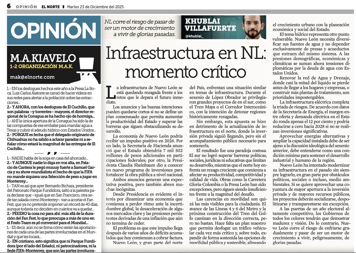 Nuevo León está llegando a un punto crítico:

🚗 movilidad saturada
💧 presión hídrica
⚡ margen eléctrico al límite

Sin un plan serio de infraestructura, el crecimiento se puede enfriar rápido.

Te dejo mi columna completa publicada en <a href="/elnorte/">EL NORTE</a>