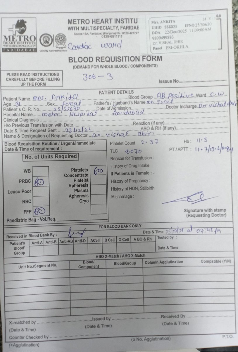 URGENT 🆘 

Metro Heart Institute Sector 16 A, Faridabad (NCR) में भर्ती किसी मरीज को अतिआवश्यक 18 यूनिट AB+ ब्लड की आवश्यकता है।
ब्लड कोई भी साथी दे सकता है एक्सचेंज की सुविधा उपलब्ध है
कृपया मदद करें।
  
संपर्क सूत्र-  98994 99883 ( सुनील चंद्र) 
                 74094 37942(