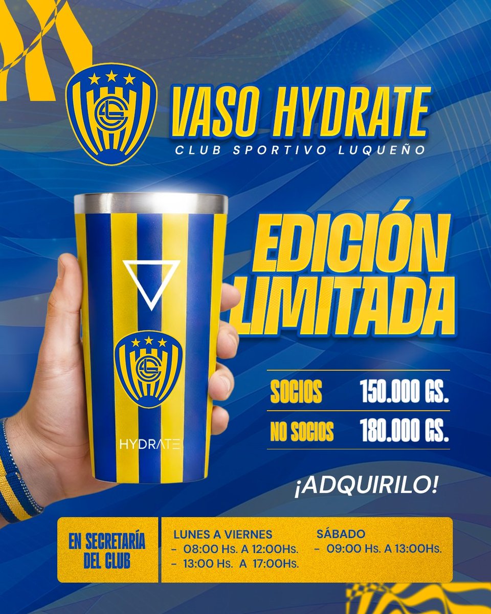 𝗨𝗻 𝘃𝗮𝘀𝗼, 𝘂𝗻𝗮 𝗽𝗮𝘀𝗶ó𝗻... 💙💛

El vaso HYDRATE edición limitada del Sportivo Luqueño te espera.
📌 Socios: Gs. 150.000
📌 No socios: Gs. 180.000
📍 Secretaría del Club

🔥 Ideal para regalar o para llevar siempre tus colores 🇺🇦