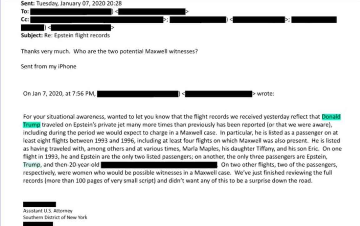 BREAKING: 🚨 🇺🇸 🇮🇱 Donald Trump flew on Epstein's plane "at least 8 times between 1993-1996," according to DOJ email.