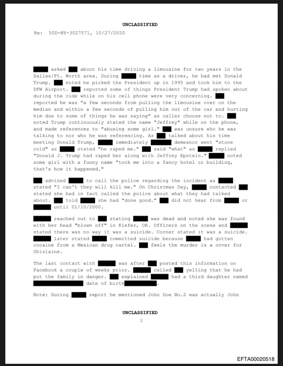 WUTangKids's tweet image. Holy shit this 3 page FBI file is insane….Trump is accused of rape and then the victim was later found dead with her head blown off and cops say they didn’t think it was suicide justice.gov/epstein/files/…