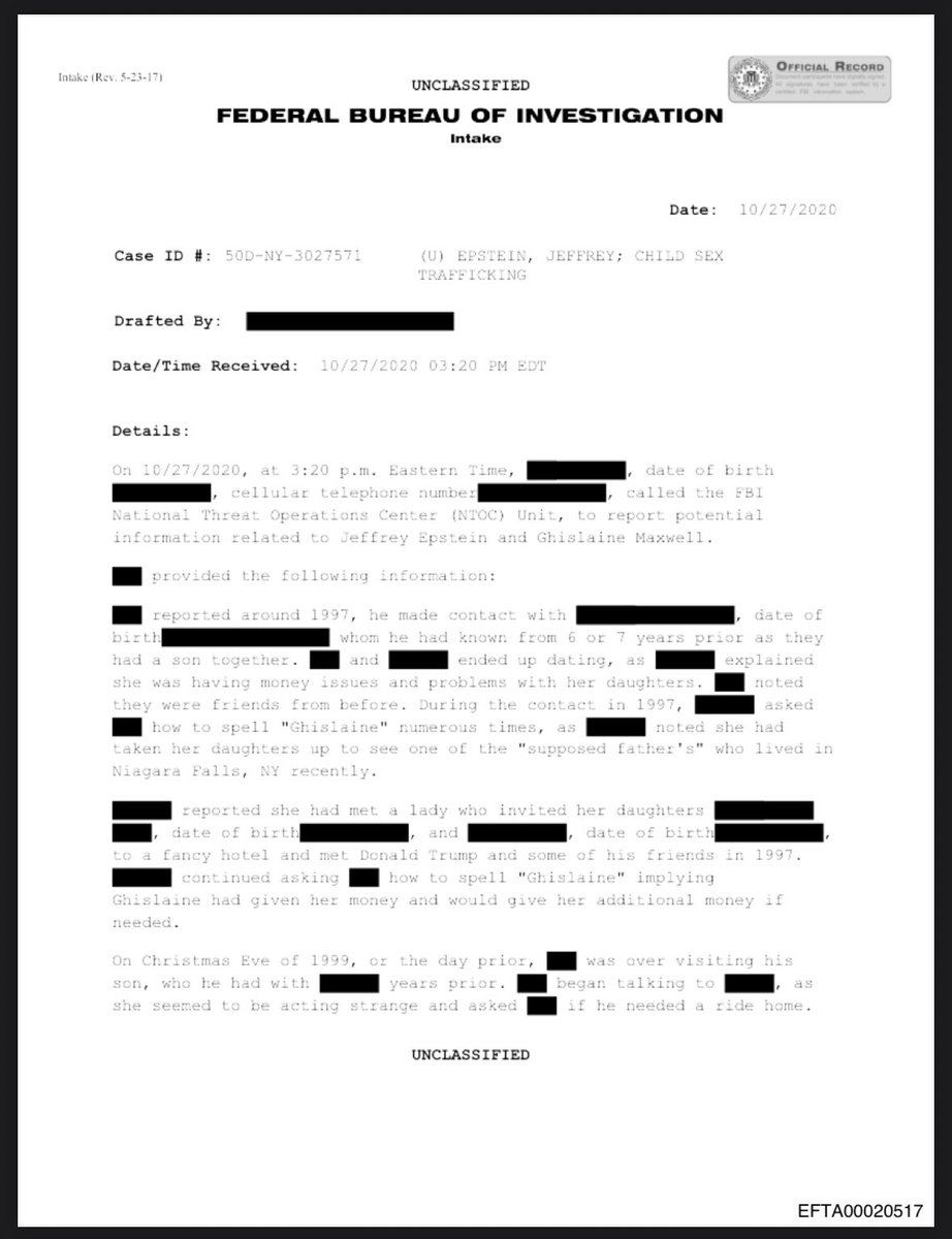 WUTangKids's tweet image. Holy shit this 3 page FBI file is insane….Trump is accused of rape and then the victim was later found dead with her head blown off and cops say they didn’t think it was suicide justice.gov/epstein/files/…