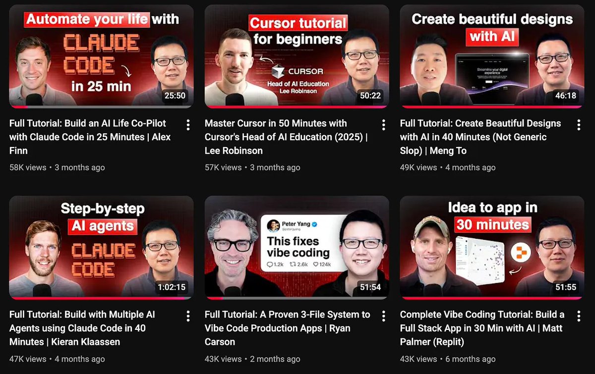 My 6 most popular episodes this year are all practical AI tutorials:

1. Build an AI life co-pilot with Claude Code in 25 min with <a href="/AlexFinn/">Alex Finn</a>: youtube.com/watch?v=D0nDWQ…

2. Master Cursor in 50 minutes with <a href="/leerob/">Lee Robinson</a>: youtube.com/watch?v=mm8cn5…

3. Create beautiful designs with AI in 40