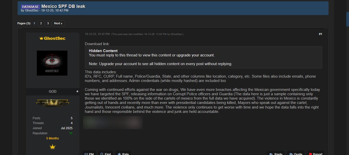 victor_ruiz's tweet image. ⚠️🇲🇽Alerta: Se reporta la presunta filtración de una base de datos atribuida al Servicio de Protección Federal (#SPF) adscrito a #SSPC que incluiría datos personales y administrativos: nombres, RFC, CURP, adscripción, ubicación, correos, teléfonos y credenciales administrativas.