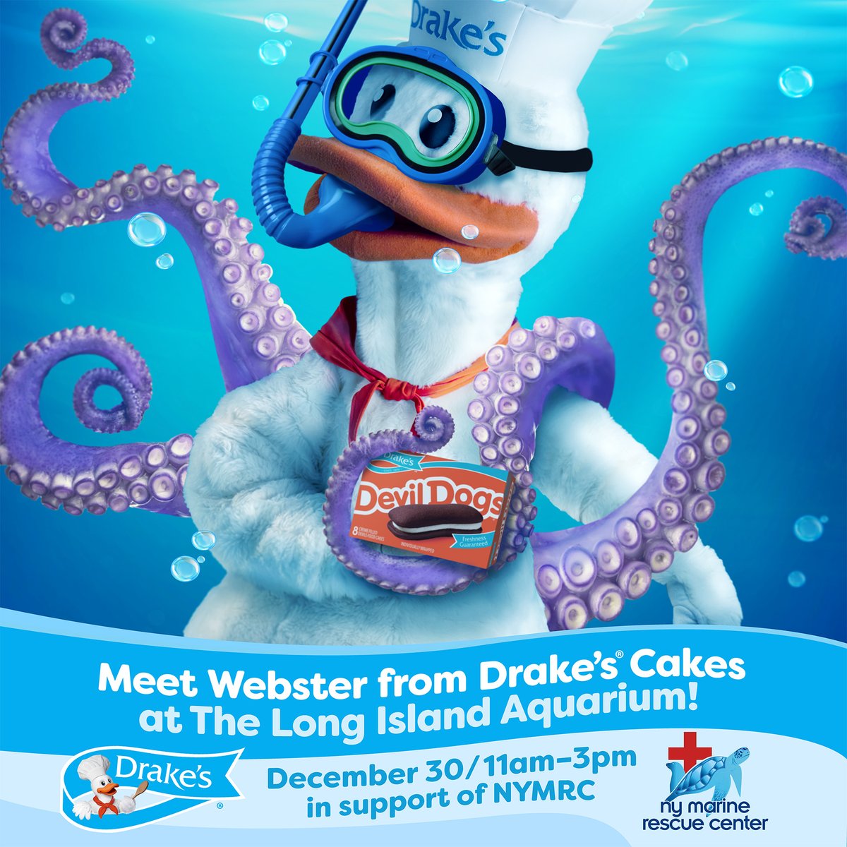 Webster’s all about meeting new folks, especially if they have 8 arms! Come by on December 30th for treats, fun, and pictures with Webster and all his aquatic friends— and don’t forget to enter the Drake’s Cakes Giveaway! 👀