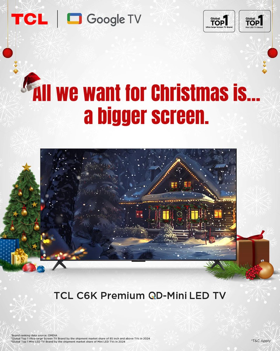 ghana_tcl's tweet image. All we want for Christmas is… a bigger screen 🎄📺
Turn cozy winter nights into cinematic celebrations with the TCL C6K Premium QD-Mini LED TV.
More magic. More detail. More reasons to stay in this festive season ✨

#TCLTV #GoogleTV #PremiumViewing #FestiveBinge #Christmas