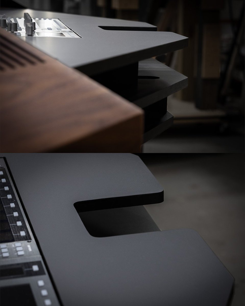 nilesacoustics's tweet photo. Available in high quality matte black laminate for the desk top that leaves zero trace of fingerprints. Custom inset optional for your control surface. Equipped with two dedicated floating shelves to keep power and peripherals organized from the audio path. https://t.co/gu5A13Yj3O