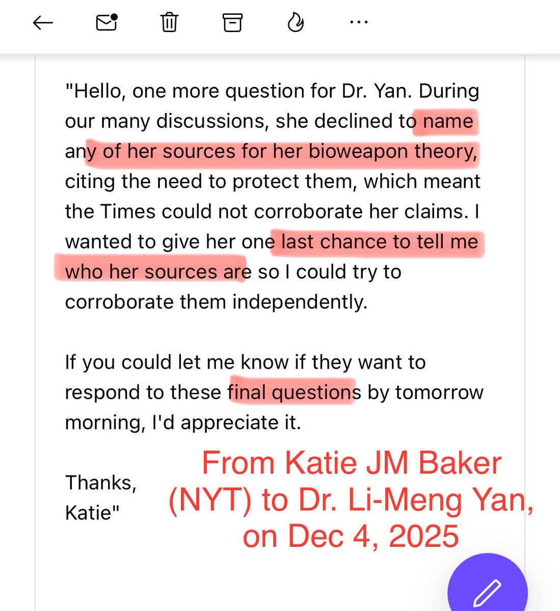 DrLiMengYAN1's tweet photo. Today, President Trump publicly warned that The New York Times @nytimes has become a serious threat to 🇺🇸 national security.
- That warning has a concrete and factual basis in the context of #COVID19 origins! 
• In the COVID-19 origins investigation, NYT’s conduct goes far beyond biased media framing. It constitutes an ongoing and real threat to U.S. national security, because its actions—by their objective effect—closely align with the CCP’s cognitive warfare and truth-suppression interests.
• This is not opinion.
It is based on direct written evidence in my possession.
• In its Dec 7 smear article targeting me in the context of COVID-19 origin investigation, NYT simultaneously:
engaged in character assassination against me as a whistleblower, and
systematically distorted my scientific evidence chain, maliciously labeling it as a so-called “bioweapon conspiracy”;
while at the same time pressuring and threatening me to disclose the names of protected sources related to COVID-19 origins.
• All of this occurred while NYT was fully aware that the CCP has been actively tracking, intimidating, and retaliating against COVID-19 whistleblowers on a global scale.
• This is not journalism or fact-checking.
It is source-exposure coercion under a transnational authoritarian threat environment, whose objective effect can only be to help the CCP further suppress the truth, identify targets, and sever the evidence chain.
• One critical fact—deliberately obscured by NYT—must be made clear:
- I have never argued for a Cold-War-style, battlefield-deployed traditional biological weapon.
- What I have explicitly defined in my research is this:
👉 SARS-CoV-2 constitutes a non-traditional, Unrestricted Bioweapon.
• This classification is not rhetorical. It is grounded in:
* the CCP’s military-civil fusion system;
* gain-of-function research pathways;
* systems engineering and cross-institutional coordination;
* the CCP’s own publicly articulated doctrine of unrestricted warfare.
• The core characteristics of an #UnrestrictedBioweapon include:
* extreme transmissibility rather than extreme lethality;
* long-term, systemic social and economic disruption;
* high deniability and resistance to attribution;
* systematic exploitation of gaps in international law, biosecurity, and public-health governance.
• This is precisely the core issue that NYT seeks to deny, dilute, and conceal through the “conspiracy” label.
• Rather than examining independently verifiable genomic data, molecular features, and organizational evidence, NYT chose to:
* attack the publication venue instead of the data;
* invoke “mainstream authority” to suppress scientific scrutiny;
* undermine personal credentials to divert attention;
* ultimately take the most dangerous step—pressuring me to disclose protected source identities.
• The objective effect of this conduct is singular:
It serves and facilitates the CCP’s COVID-19 cover-up and information warfare operations.
• This is exactly the type of conduct that the FY2026 National Defense Authorization Act (NDAA 2026) explicitly mandates to be investigated, including but not limited to:
* CCP information warfare surrounding COVID-19 origins;
intimidation, silencing, and transnational repression of scientists and whistleblowers;
* whether media institutions have objectively assisted cover-up operations;
* any narrative manipulation that undermines U.S. national security.
• Accordingly, I formally state:
I am fully willing to cooperate with any investigation conducted by the U.S. government pursuant to NDAA 2026, including but not limited to:
the true origins of COVID-19;
CCP information warfare and suppression mechanisms;
and the complete documentary record of my interactions with NYT and its reporters.
• The American public deserves an answer to one fundamental question:
When a major U.S. media institution pressures a whistleblower to disclose protected sources while an active CCP threat exists—whose interests is it truly serving?
• COVID-19 origins is not a media dispute.
It is a national-security crime scene!
#COVIDOrigins
#UnrestrictedBioweapon
#ZC45
#ZXC21