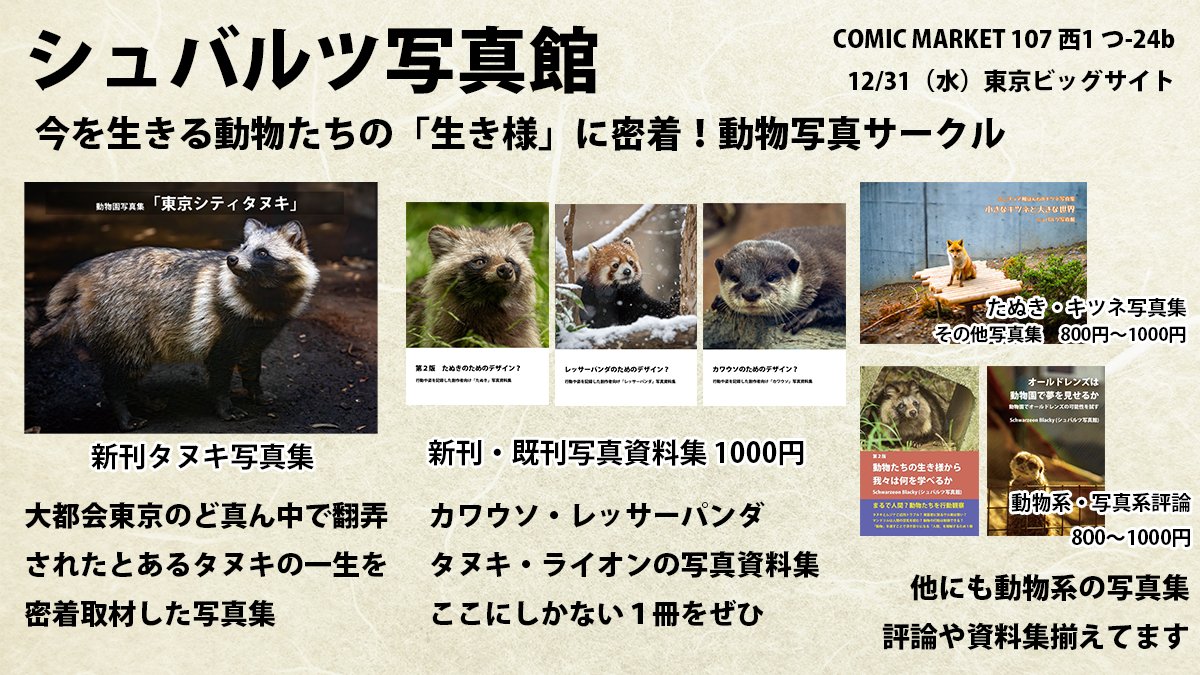 【告知】シュバルツ写真館

COMIC MARKET 107は大都会東京のタヌキ写真集を頒布します。他にも創作写真資料集やタヌキ・キツネ・レッサーパンダ写真集を用意しております。

２日目西1つ-24bでお待ちしておりますのでよかったらぜひ。