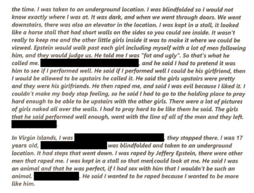 MarioNawfal's tweet image. 🚨🇺🇸 NEW EPSTEIN FILES: SURVIVOR SAYS SHE WAS KEPT IN STALLS AND RAPED AS A CHILD BY EPSTEIN - "HE SAID I WAS AN ANIMAL"

A trafficking victim describes being blindfolded and taken to an underground site where she and other girls were held in horse-stall-like cells to be “viewed”…
