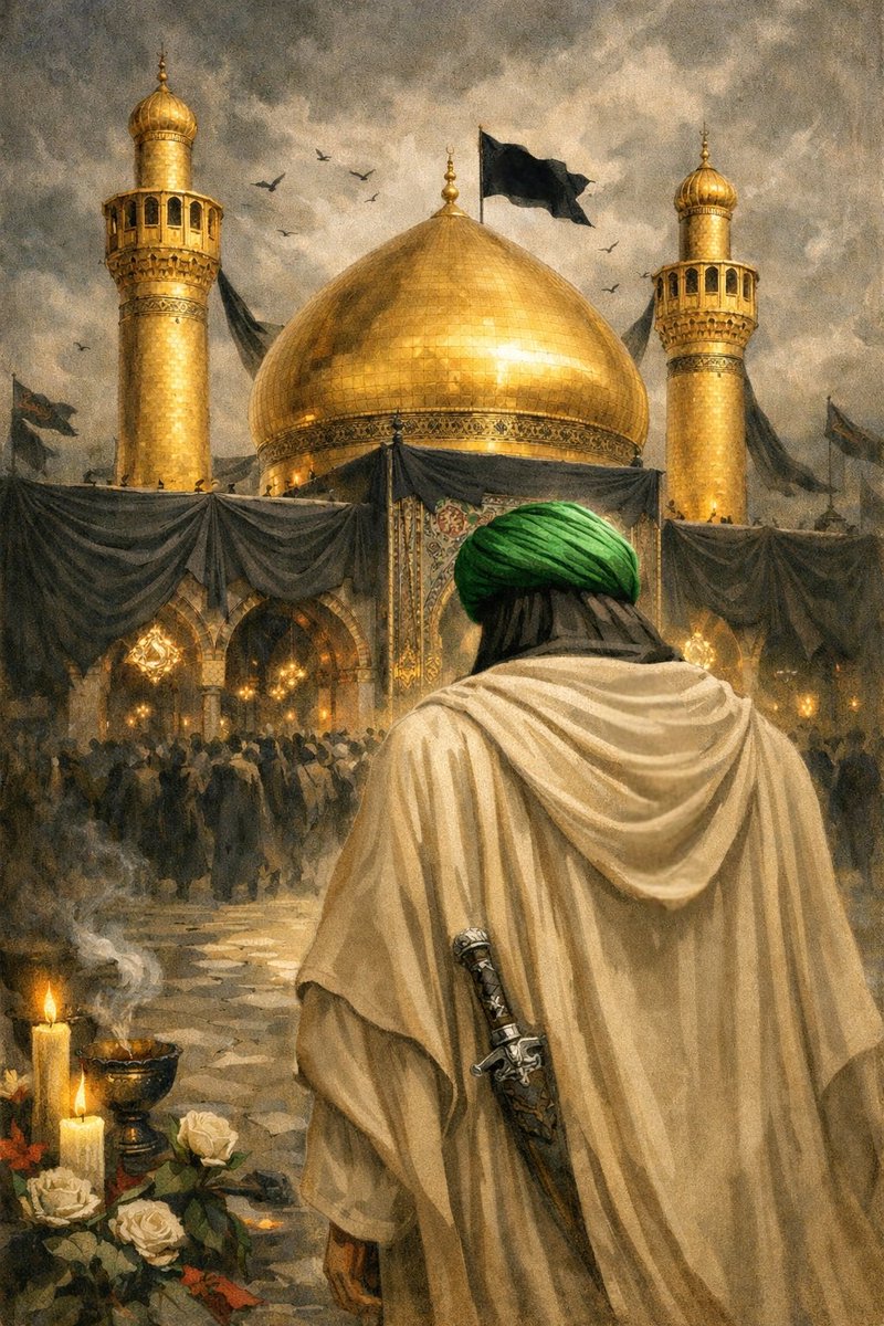 "وتوشّحت سامراءُ بالسواد،
تُعزّي الإمامَ القائم،
بشهادةِ جدّهِ المظلومِ، الشهيدِ الهادي."