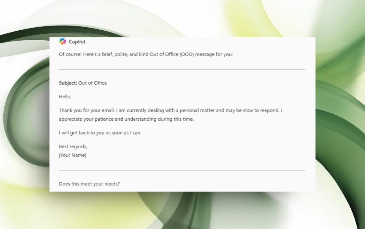 Msft365Insider's tweet image. 🎄Before you head out for the holidays, have Microsoft Copilot write a clear, professional out-of-office message for you. 

It'll take seconds, and then you can really enjoy your time off…

msft.it/6016tsG6M 🎁

#MicrosoftCopilot #HolidayPrep