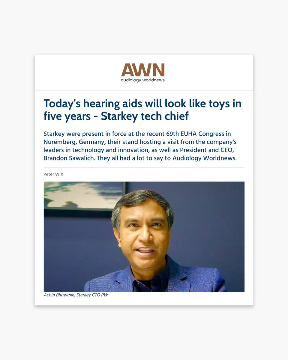 BrandonSawalich's tweet photo. Five years from now, @StarkeyHearing is going to be 10 years ahead.  

That's because our talent is putting in the work to set the speed of innovation in our industry and transform the hearing aid experience.

Starkey CTO @AchinBhowmik and I spoke with @AudioWorldnews about how features like generative AI and Deep Neural Network 360 processing are changing the game in products like #OmegaAI.  

Read more here: https://t.co/b3c9cBgHVS  

#HearingTechnology