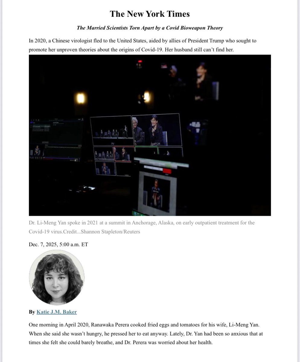 DrLiMengYAN1's tweet photo. Today, President Trump publicly warned that The New York Times @nytimes has become a serious threat to 🇺🇸 national security.
- That warning has a concrete and factual basis in the context of #COVID19 origins! 
• In the COVID-19 origins investigation, NYT’s conduct goes far beyond biased media framing. It constitutes an ongoing and real threat to U.S. national security, because its actions—by their objective effect—closely align with the CCP’s cognitive warfare and truth-suppression interests.
• This is not opinion.
It is based on direct written evidence in my possession.
• In its Dec 7 smear article targeting me in the context of COVID-19 origin investigation, NYT simultaneously:
engaged in character assassination against me as a whistleblower, and
systematically distorted my scientific evidence chain, maliciously labeling it as a so-called “bioweapon conspiracy”;
while at the same time pressuring and threatening me to disclose the names of protected sources related to COVID-19 origins.
• All of this occurred while NYT was fully aware that the CCP has been actively tracking, intimidating, and retaliating against COVID-19 whistleblowers on a global scale.
• This is not journalism or fact-checking.
It is source-exposure coercion under a transnational authoritarian threat environment, whose objective effect can only be to help the CCP further suppress the truth, identify targets, and sever the evidence chain.
• One critical fact—deliberately obscured by NYT—must be made clear:
- I have never argued for a Cold-War-style, battlefield-deployed traditional biological weapon.
- What I have explicitly defined in my research is this:
👉 SARS-CoV-2 constitutes a non-traditional, Unrestricted Bioweapon.
• This classification is not rhetorical. It is grounded in:
* the CCP’s military-civil fusion system;
* gain-of-function research pathways;
* systems engineering and cross-institutional coordination;
* the CCP’s own publicly articulated doctrine of unrestricted warfare.
• The core characteristics of an #UnrestrictedBioweapon include:
* extreme transmissibility rather than extreme lethality;
* long-term, systemic social and economic disruption;
* high deniability and resistance to attribution;
* systematic exploitation of gaps in international law, biosecurity, and public-health governance.
• This is precisely the core issue that NYT seeks to deny, dilute, and conceal through the “conspiracy” label.
• Rather than examining independently verifiable genomic data, molecular features, and organizational evidence, NYT chose to:
* attack the publication venue instead of the data;
* invoke “mainstream authority” to suppress scientific scrutiny;
* undermine personal credentials to divert attention;
* ultimately take the most dangerous step—pressuring me to disclose protected source identities.
• The objective effect of this conduct is singular:
It serves and facilitates the CCP’s COVID-19 cover-up and information warfare operations.
• This is exactly the type of conduct that the FY2026 National Defense Authorization Act (NDAA 2026) explicitly mandates to be investigated, including but not limited to:
* CCP information warfare surrounding COVID-19 origins;
intimidation, silencing, and transnational repression of scientists and whistleblowers;
* whether media institutions have objectively assisted cover-up operations;
* any narrative manipulation that undermines U.S. national security.
• Accordingly, I formally state:
I am fully willing to cooperate with any investigation conducted by the U.S. government pursuant to NDAA 2026, including but not limited to:
the true origins of COVID-19;
CCP information warfare and suppression mechanisms;
and the complete documentary record of my interactions with NYT and its reporters.
• The American public deserves an answer to one fundamental question:
When a major U.S. media institution pressures a whistleblower to disclose protected sources while an active CCP threat exists—whose interests is it truly serving?
• COVID-19 origins is not a media dispute.
It is a national-security crime scene!
#COVIDOrigins
#UnrestrictedBioweapon
#ZC45
#ZXC21