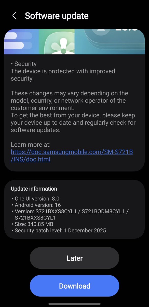 Sahilmallick201's tweet photo. Samsungs24FE 2025 December Security patch is available india 🇮🇳
#Samsungs24FE https://t.co/WLd5XcSrGn