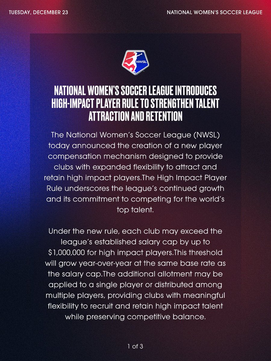 NWSL's tweet image. The NWSL introduces the High Impact Player rule.

Read more for the full list of criteria: bit.ly/44HW8ef