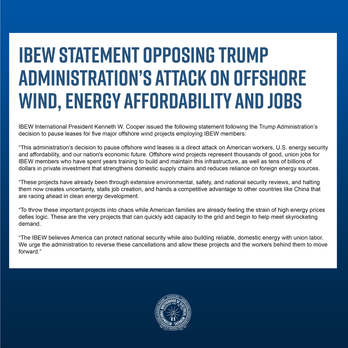 "Trump's decision to pause offshore wind leases is a direct attack on American workers, U.S. energy security and affordability, and our nation’s economic future." bit.ly/4qtR6up