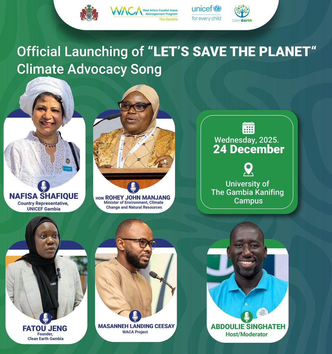 Clean Earth Gambia is officially launching its climate advocacy song &amp;  video, “Let’s Save Our Planet,” The song is sang by Mariama Cham, Barhama Cham Offical, and Miss Jobiz  to record the song.

Sung in Wolof, Mandinka, and English, it is designed to reach diverse audiences.