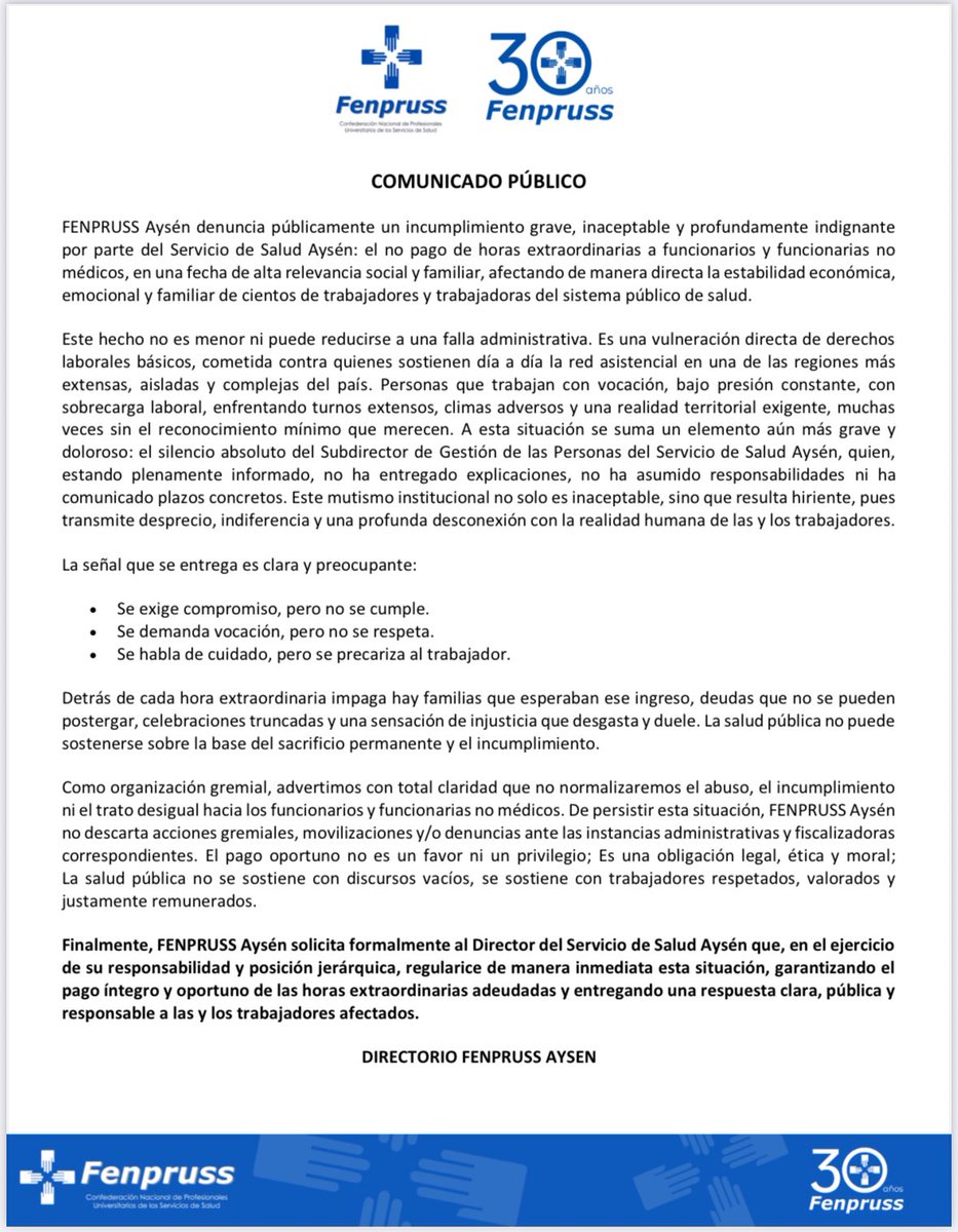 #ComunicadoPúblico 🔵 Molestia ante el NO pago de horas extras ya trabajadas a funcionarias y funcionarios de salud en la región de Aysén. <a href="/Fenpruss/">Confederación Fenpruss</a> <a href="/Camara_cl/">Diputadas y Diputados de Chile</a> 
#confederaciónfenpruss #FenprussAysen #coyhaique #vulneracióndederechos <a href="/ministeriosalud/">Ministerio de Salud</a> <a href="/SaludAysen/">SaludAysen</a>