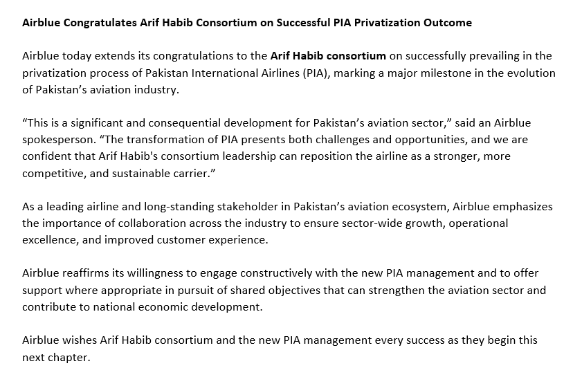 airblueairline's tweet photo. Airblue Congratulates Arif Habib Consortium on Successful PIA Privatization Outcome https://t.co/1FggFIUFpa