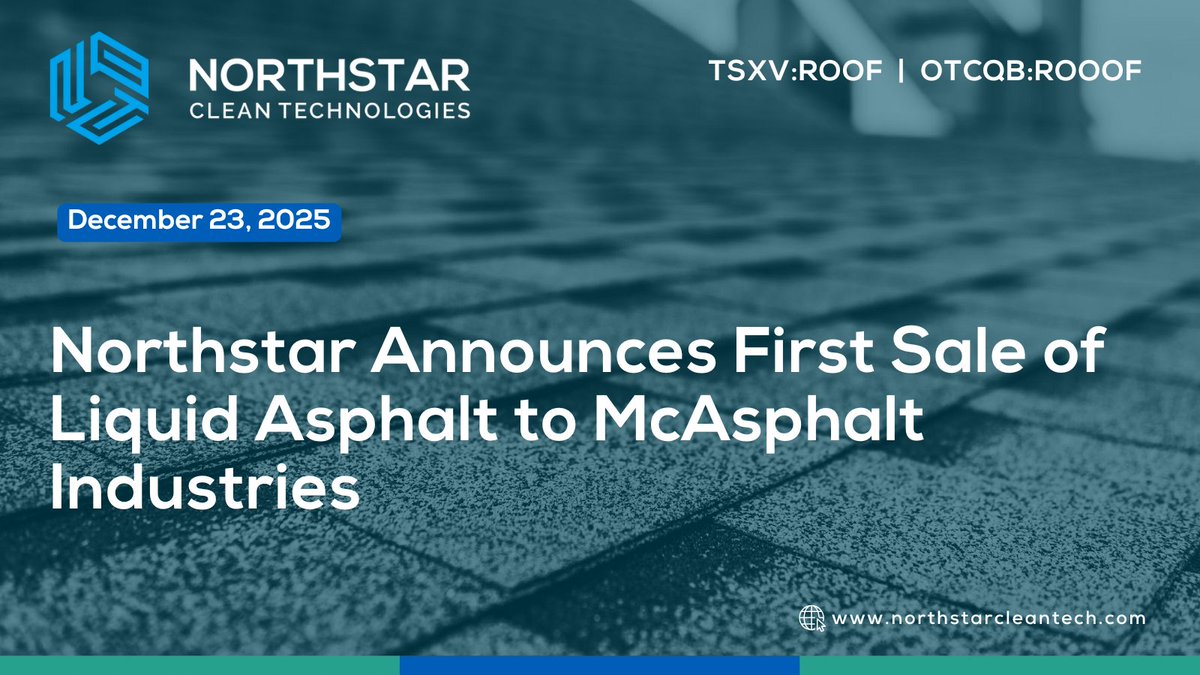 NStarCleanTech's tweet image. Northstar $ROOF.V | $ROOOF Announces First Sale of Liquid Asphalt to McAsphalt Industries

▶️ Full Release: hubs.li/Q03YY1ZF0