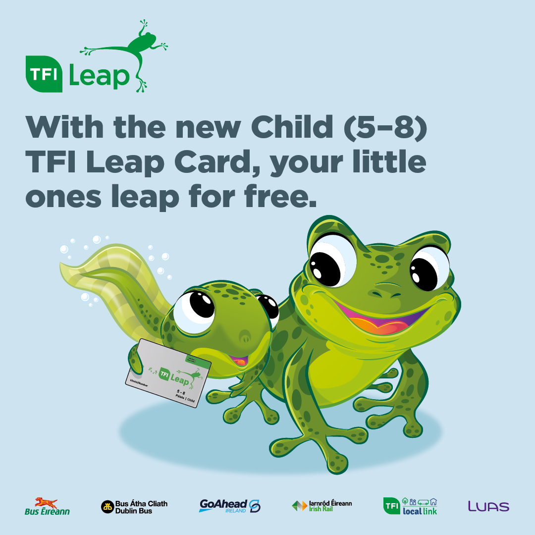 LocalLinkCork's tweet image. A Child (5–8) TFI Leap Card allows children aged 5 to 8 years old to travel free across the TFI bus, train and tram network. The application process is quick and easy. Apply now at leapcard.ie 
Terms and conditions apply.