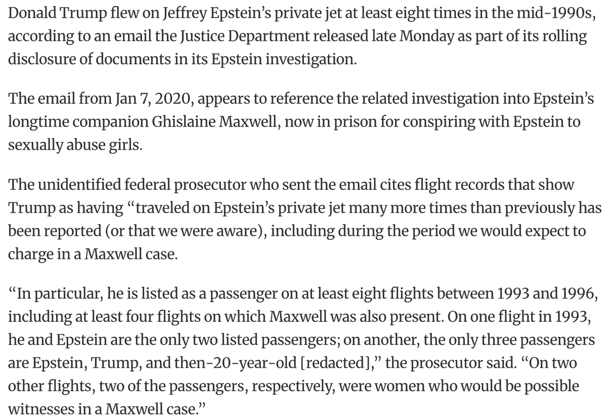 unusual_whales's tweet image. Trump reportedly flew on Jeffrey Epstein’s private jet at least eight times in the mid-1990s, according to an email the Justice Department released:
