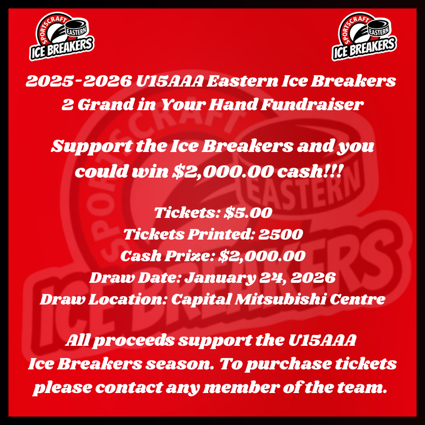 U18AAAEIB's tweet photo. The U15AAA Eastern Ice Breakers are selling tickets for a chance to win $2,000.00 in cash. Tickets are $5.00 each and can be purchased from any member of the team. https://t.co/1JHdRiiNbW