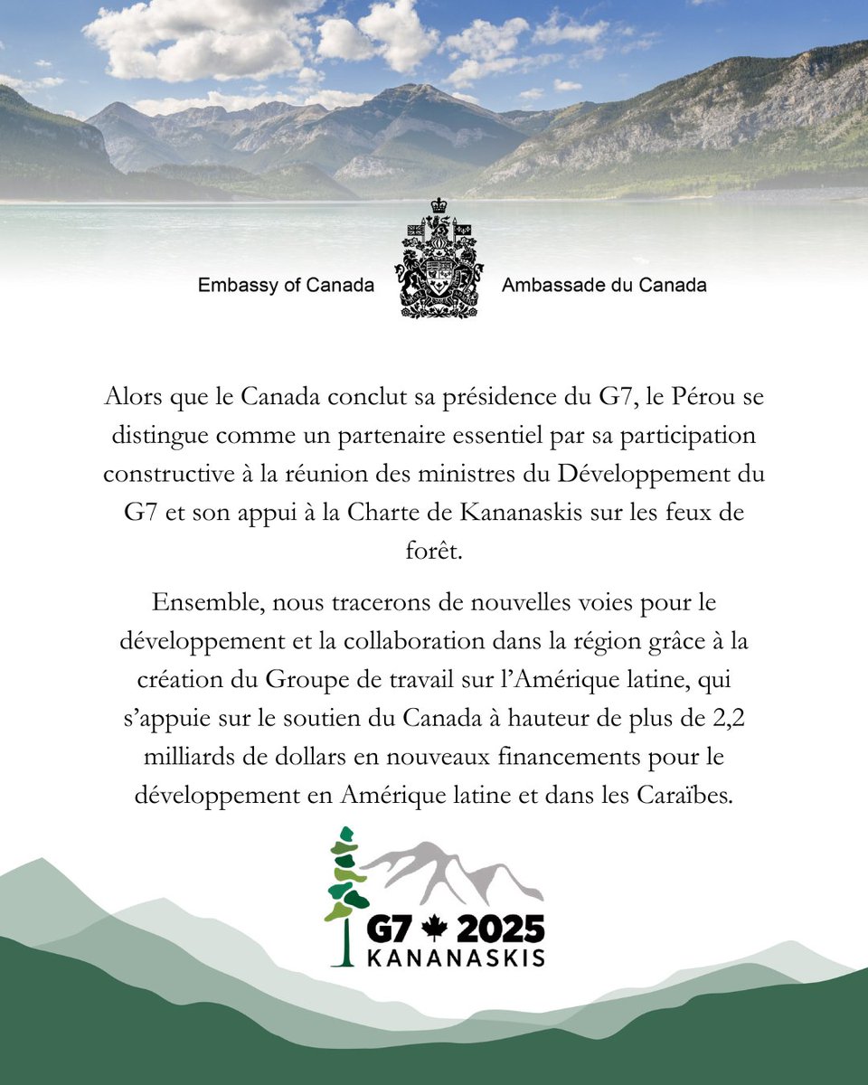 Alors que le Canada conclut sa présidence du G7, le Pérou se distingue comme un partenaire essentiel par sa participation constructive à la réunion des ministres du Développement du G7 et son appui à la Charte de Kananaskis sur les feux de forêt. 🇨🇦🤝🇵🇪