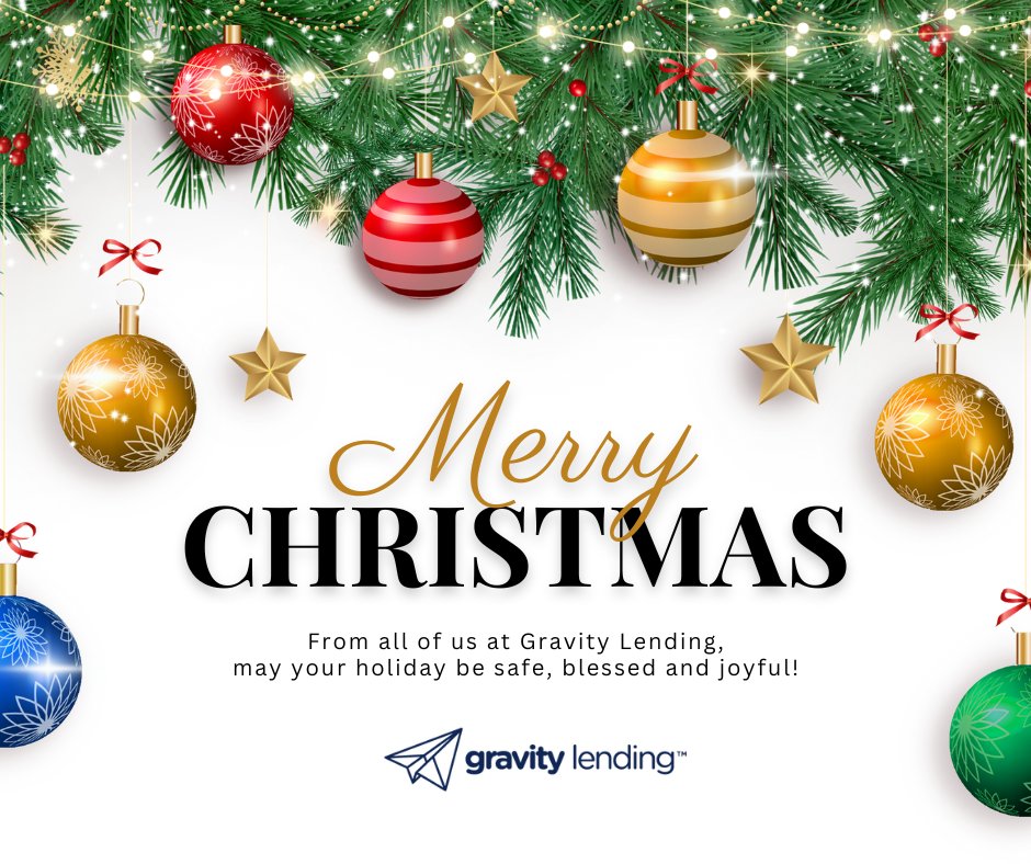 GravityLending's tweet photo. From all of us to all of you, Merry Christmas and Happy Holidays!

As a reminder, Gravity Lending will be closed on Dec. 25th for Christmas and will re-open for normal business hours on Dec. 26th. https://t.co/cLTju3kl0O