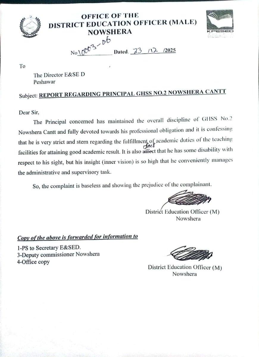 protodcnsr's tweet photo. @DxStar007 @CSKPOfficial @dckarak @KPESED @SecretaryKPESED Respected Sir, the report of DEO (Male), Nowshera has been enclosed herewith for information and necessary action please. https://t.co/xXNSSuKLxX