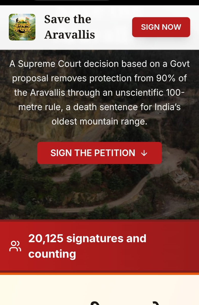 UdayBhanuIYC's tweet image. 48 घण्टों में 20,000 हस्ताक्षर..

#AravalliSatyagraha अब पेड़, पानी और पहाड़ बचाने की सबसे बड़ी लड़ाई बन चुका है।

आप भी जुड़िये..अरावली पुकार रहा है।

Sign now: saafhawa.in/AravalliSatyag…