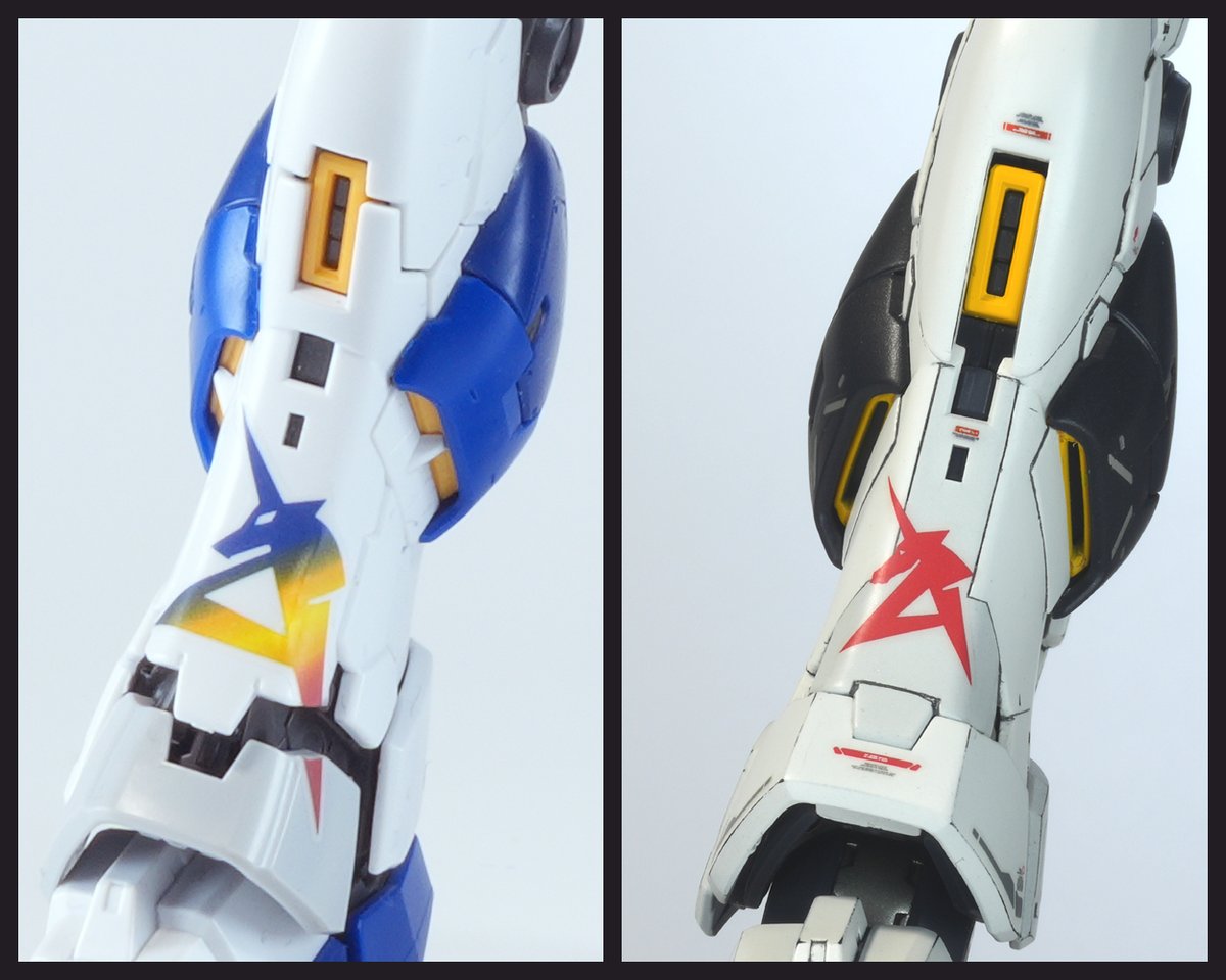 tktaka10's tweet photo. スネのフレームが見える稼働部位はオミットしています。両サイドの黄色いスラスターは穴を開けました。賛否が分かれるスネのロゴも再現しています。ディテールの細かい違いは画像で確認してください。 https://t.co/caljWqx61c