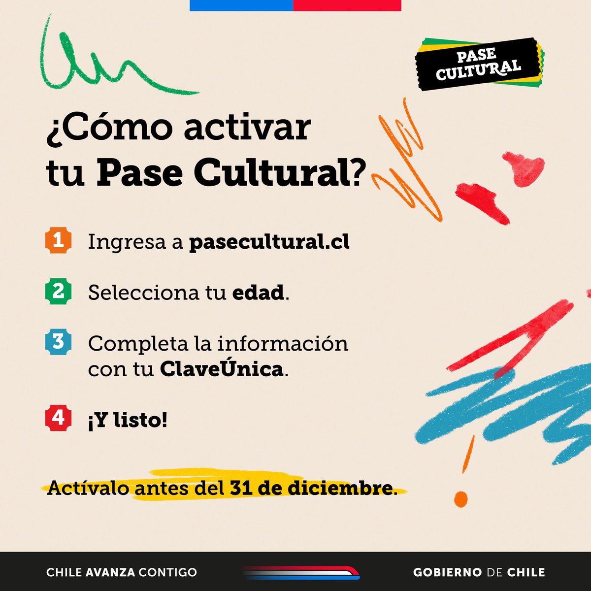 GobiernodeChile's tweet photo. 🎭 🎼Tienes hasta el 31 de diciembre para activar tu Pase Cultural. Si cumpliste 18 o 65 años en 2025, recibe un aporte único de 50 mil pesos para gastos en bienes y servicios culturales. https://t.co/CZ7seeM2LS