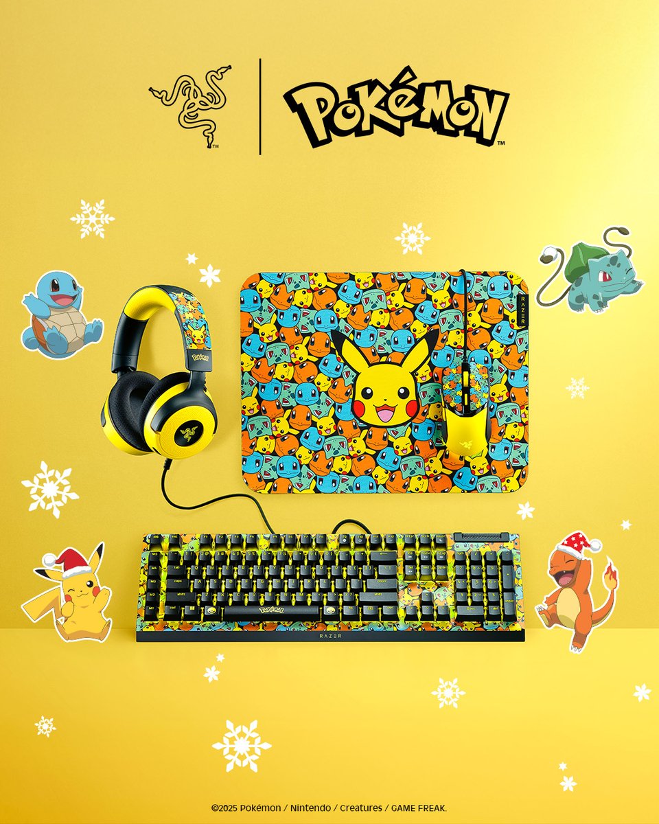 Razer's tweet image. The perfect match for your holiday mood. 🎁✨ 
Celebrate the season and find your perfect match with the Razer | Pokémon Kanto Collection in all its festive charm. rzr.to/pokemon