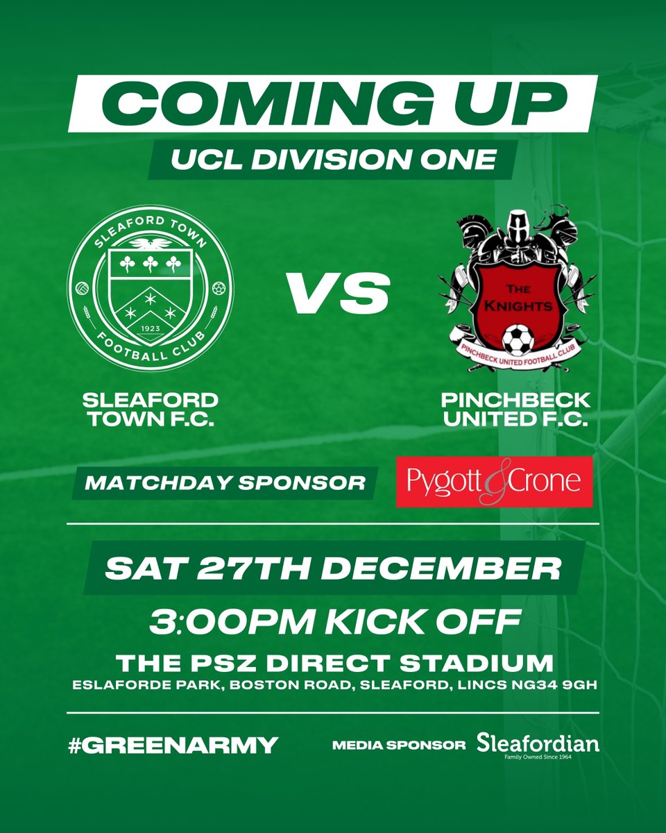 🟢 COMING UP 🟢

It’s a festive fixture at the PSZ Direct Stadium as we host Pinchbeck United F.C.🎄⚽

📆 Saturday 27th December
⏱ 3:00pm Kick Off
🏟 The PSZ Direct Stadium

A big thank you to our Matchday Sponsor Pygott &amp; Crone for their support 👏

#GreenArmy