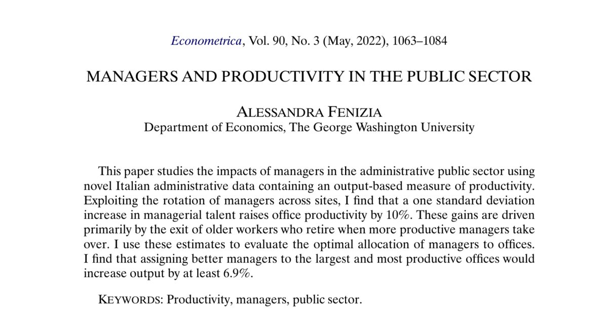 Management matters, even in the public sector when they cannot control payroll or even easily fire anyone. A manager one standard deviation better than average raises productivity by 10%. Yes, really, managerial pay is justified. 1/