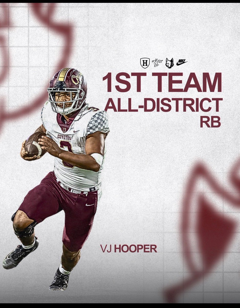 VincentHooperJ1's tweet photo. Extremely Blessed to be named 1st team all district RB and 2nd team all district Punter! I would like the thank all of my coaches for believing in me and my abilities I would not be in this position if it wasn’t for them. 
@HHS_Coyote_FB @HHSRecruiting @scoreeveryplay3 @Coach_LColvin 
https://t.co/v2BT43lWKX