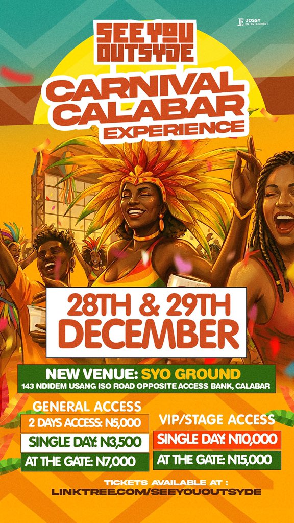seeyououtsydeng's tweet photo. Secure Those Tickets: Secure Your Tickets: https://t.co/uWkGAWGsFb

Dates: Sunday 28th (Bikers Carnival) &amp; Monday 29th December (Main Carnival Day)

Venue: New SYO Grounds; 143 Ndidem Usang Iso Road Opposite Access Bank, Calabar

#SeeYouOutsyde #EnjoymentAwaits https://t.co/SgagCK9JKE