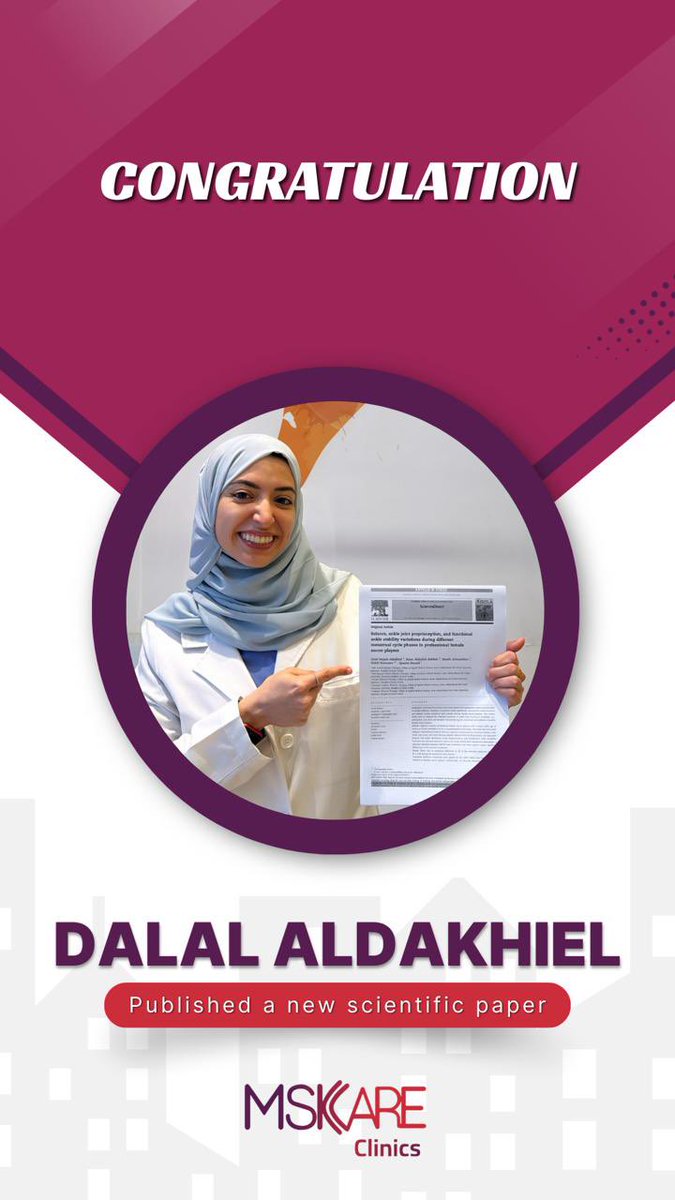 يفتخر مركز مسك كير للعلاج الطبيعي بالأخصائية: دلال الدخيّل⭐️.
 حيث نشرت ورقتها العلمية من رسالة الماجستير بالطب الرياضي في أحد أرقى المجلات العلمية. 

نشاط طاقم المركز الأكاديمية و المهنية تعتبر إنجازات عظيمة، تنمّي و تُزهر العلاج الطبيعي👏.